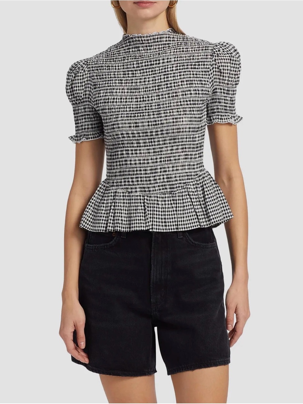 Reformation Plaid Peplum Short-Sleeve Top - Black & White